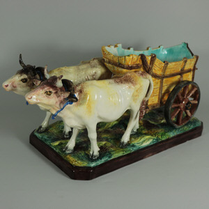Jerome Massier Fils Majolica Ox & Cart Flower Holder