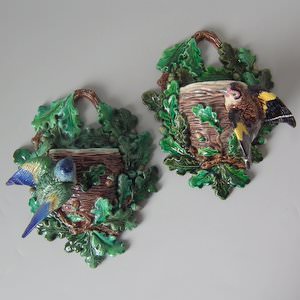 Pair Hugo Lonitz Majolica Finch in Oak Wall Pockets