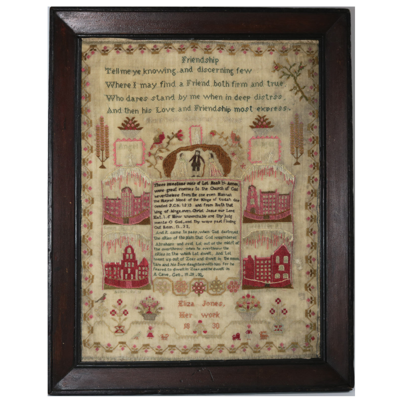 Antique Sampler, 1830, by Eliza Jones, Friendship - ID#22738 Image 1