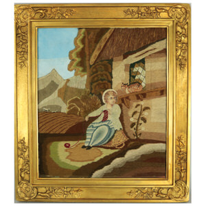 Georgian Woolwork Picture of Child Playing With Cat