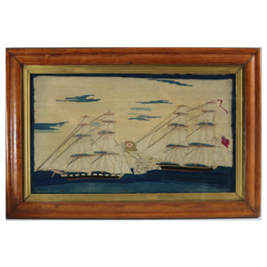 Antique Sailor's Woolwork Picture of Ships in Battle