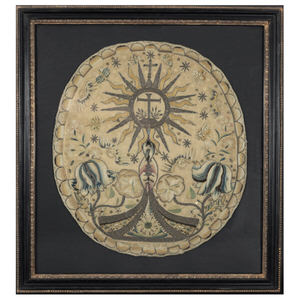 17thC Oval Religious Silkwork Embroidery Panel
