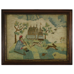 17thC Pictorial Silkwork Embroidery with Country Scene