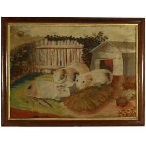 Georgian Woolwork Embroidered Picture of Guinea Pigs