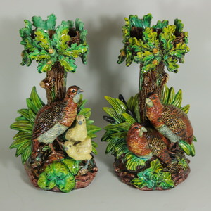 Pair Of Hugo Lonitz Majolica Partridge Cache Pot Stands