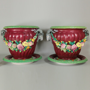 Rare Pair Minton Majolica Rams Head Jardinieres & Stands