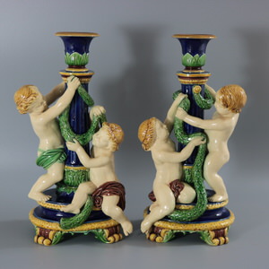 Pair Minton Majolica Putti Candlesticks
