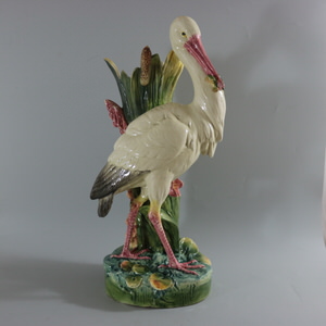 Large Continental Majolica Stork Figural Vase