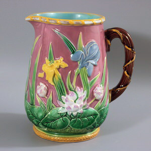 George Jones Majolica Water Lily and Iris Jug/Pitcher