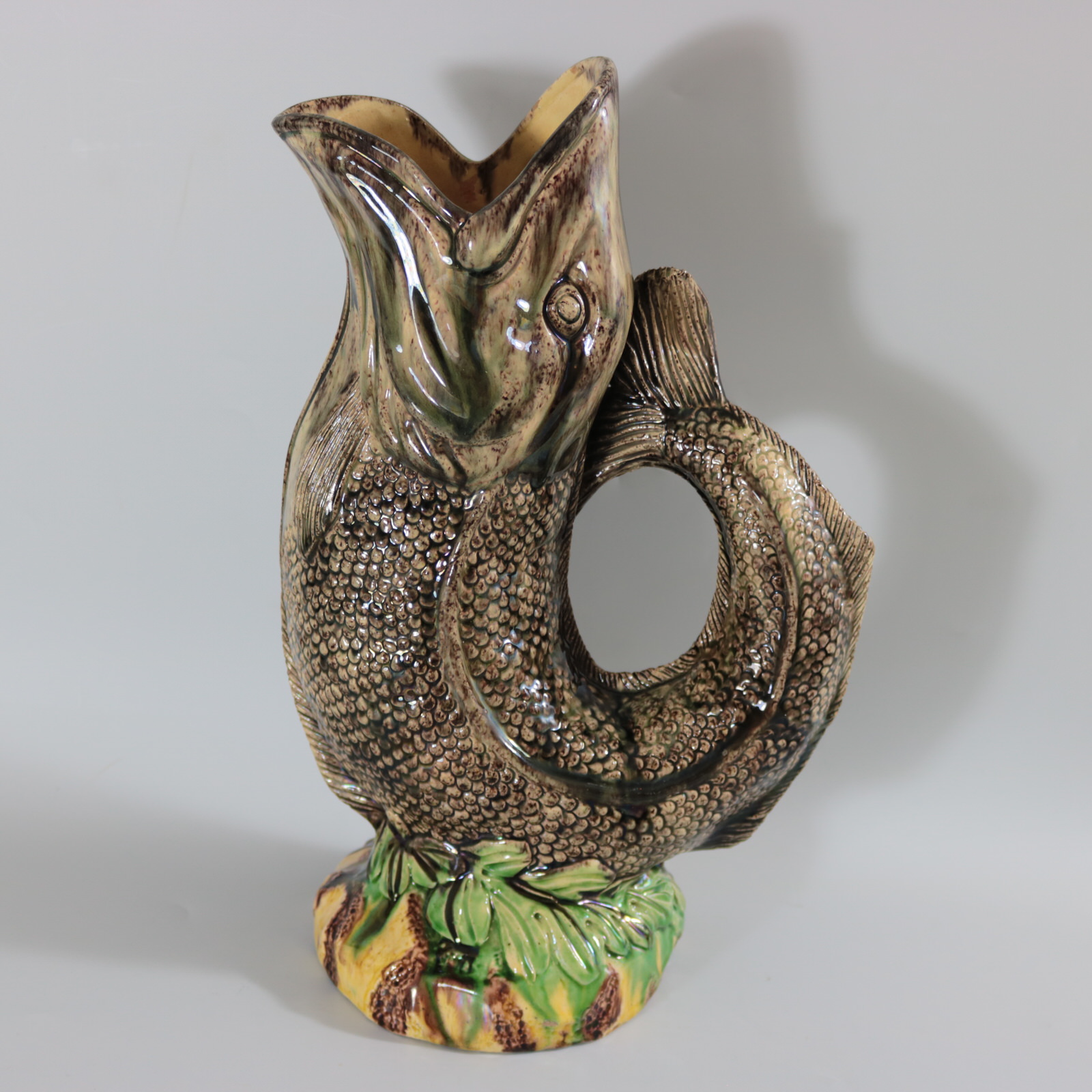 Large Majolica Leaping Fish Glug Jug/Pitcher - ID#22730 Image 1