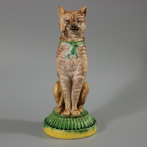 English Majolica Cat 'IVE EATEN THE CANARY' Figure