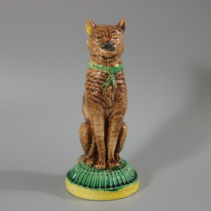 English Majolica Cat 'IVE EATEN THE CANARY' Figure