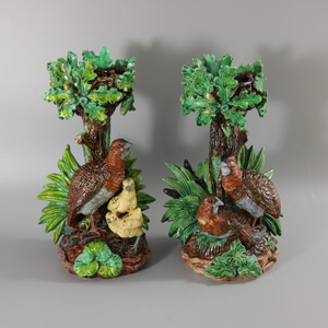 Hugo Lonitz Majolica Partridge Cache Pot Stand