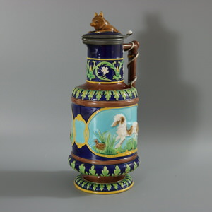 George Jones Majolica Fox and Dog Lidded Jug/Pitcher