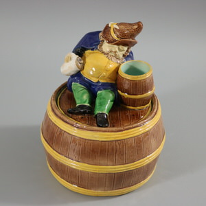 English Majolica Dwarf on Barrel Jar And Cover