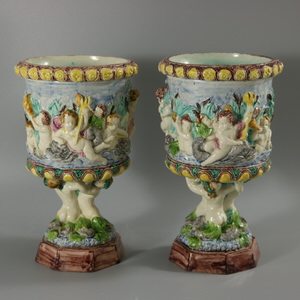 Pair Thomas Sergent Palissy Majolica Mythological Vases