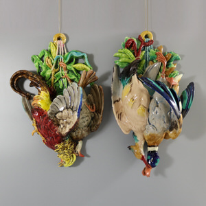 Large Pair Majolica Game Birds Wall Pockets