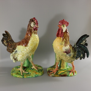 Pair Jerome Massier Hen & Cockerel Figural Vases by P. Perret