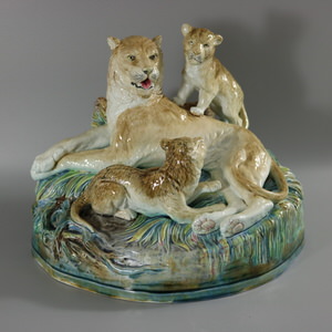Brown Westhead Moore Majolica Lioness & Cubs Vase
