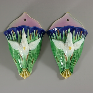 Pair Majolica Swan Wall Pockets