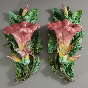 Pair Fives-Lille Majolica Butterfly Wall Pockets