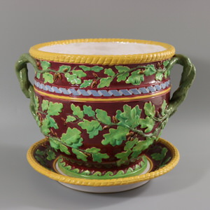 Minton Majolica Oak Leaf and Acorn Jardiniere with Stand