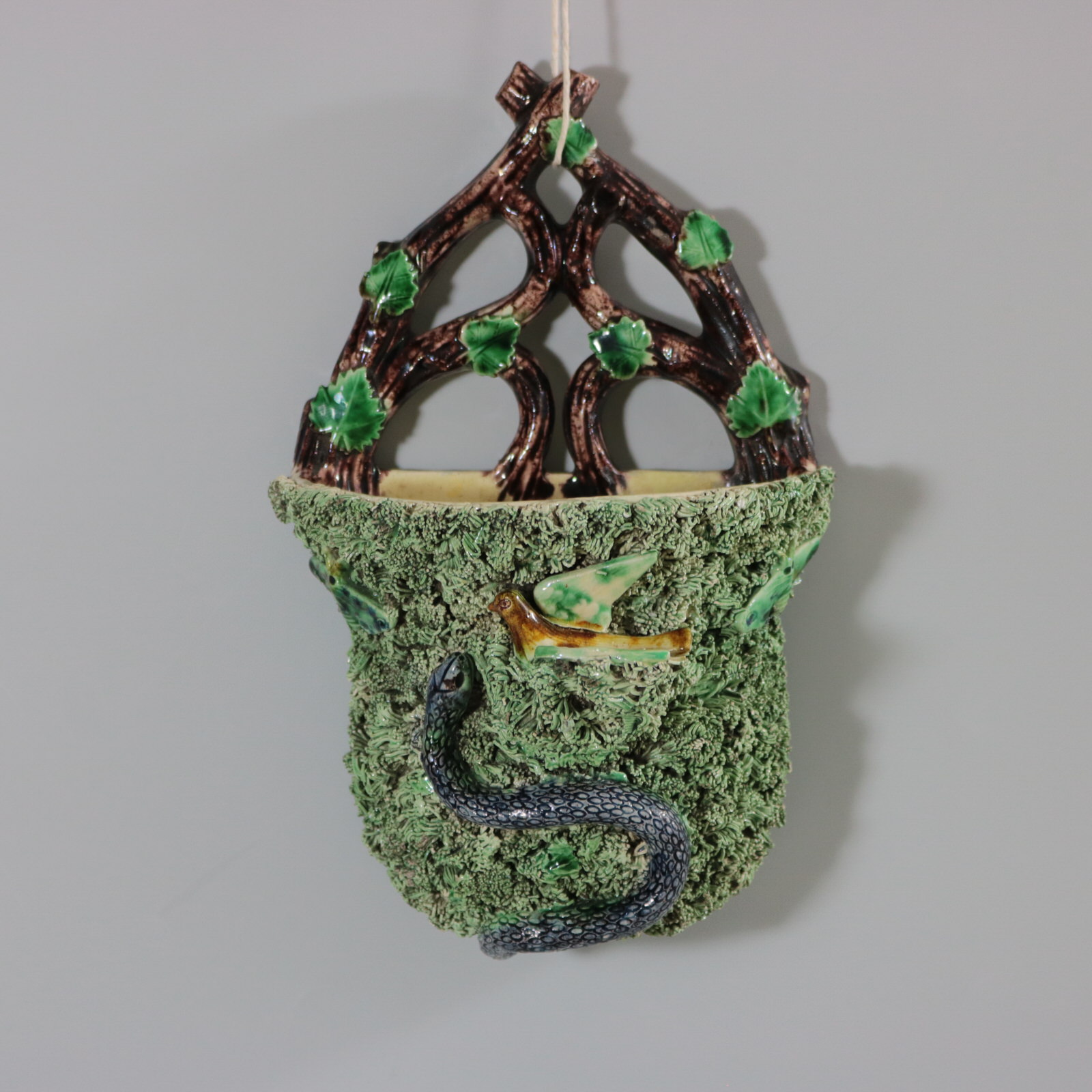 Portuguese Palissy Majolica Snake & Bird Wall Pocket - ID#22732 Image 1