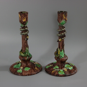Pair Thomas Sergent Palissy Majolica Candlesticks