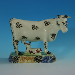 Staffordshire Yorkshire Pottery Prattware Cow & Calf Group