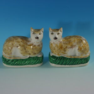 Rare Pair Staffordshire Pottery Cats on Cushions