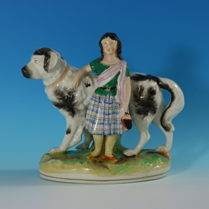 Staffordshire Pottery Girl with St. Bernard Figure