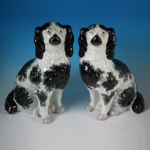 Very Large Pair Staffordshire Black & White Spaniels