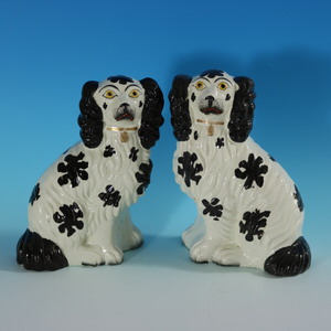 Pair Staffordshire Pottery Black & White Spaniels
