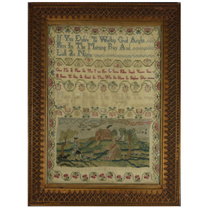 Antique Sampler, 1779, by Mary Lee, Country Scene