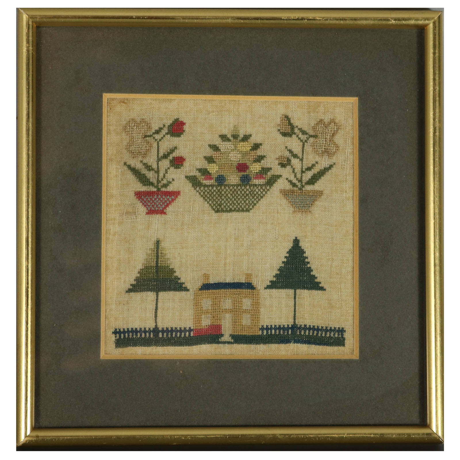 Antique Miniature Sampler with House - ID#23258 Image 1