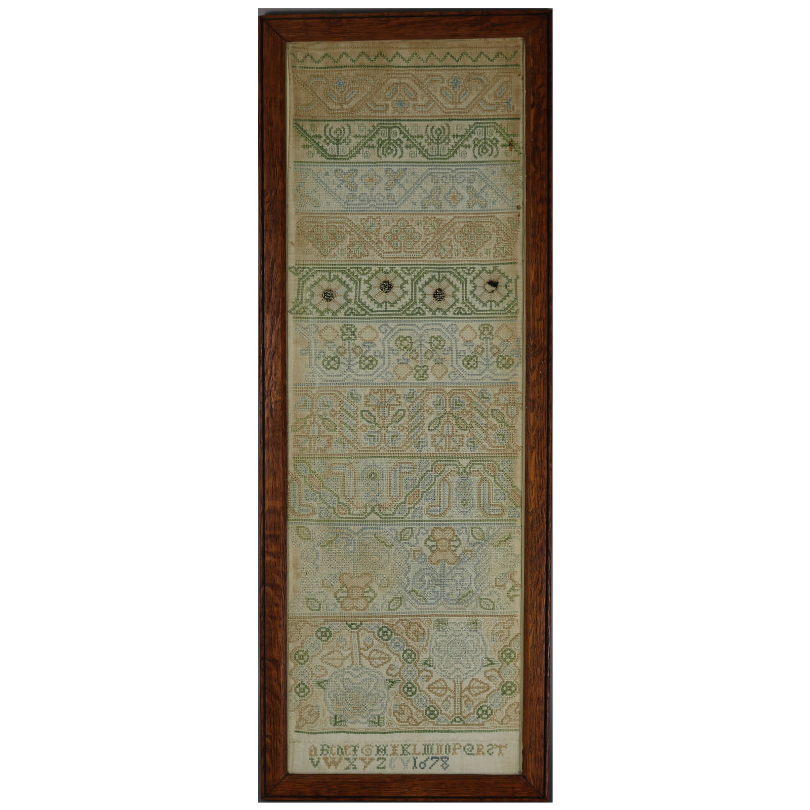 Antique Band Sampler, dated 1678, stitched by EV - ID#23308 Image 1
