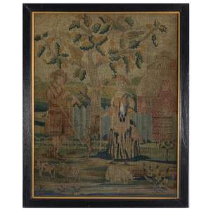 18thC, 1732 Petit Point Embroidery Picture of Lady & Gent