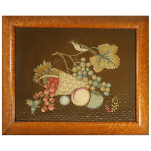 Antique Woolwork Embroidery with Fruit Basket and Bird