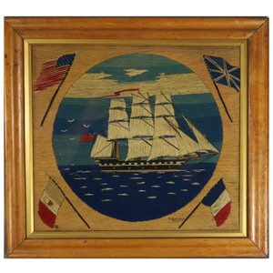 Sailor's Woolwork Picture of a Ship with American Flag