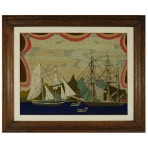 Antique Sailor's Woolwork Picture of Ships and Rowing Boats