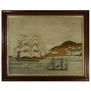 Antique Sailor's Woolwork Picture of Ships in a Bay