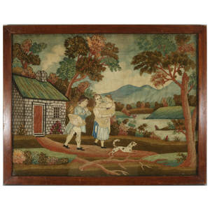 Georgian Embroidered Picture of a Family Country Scene