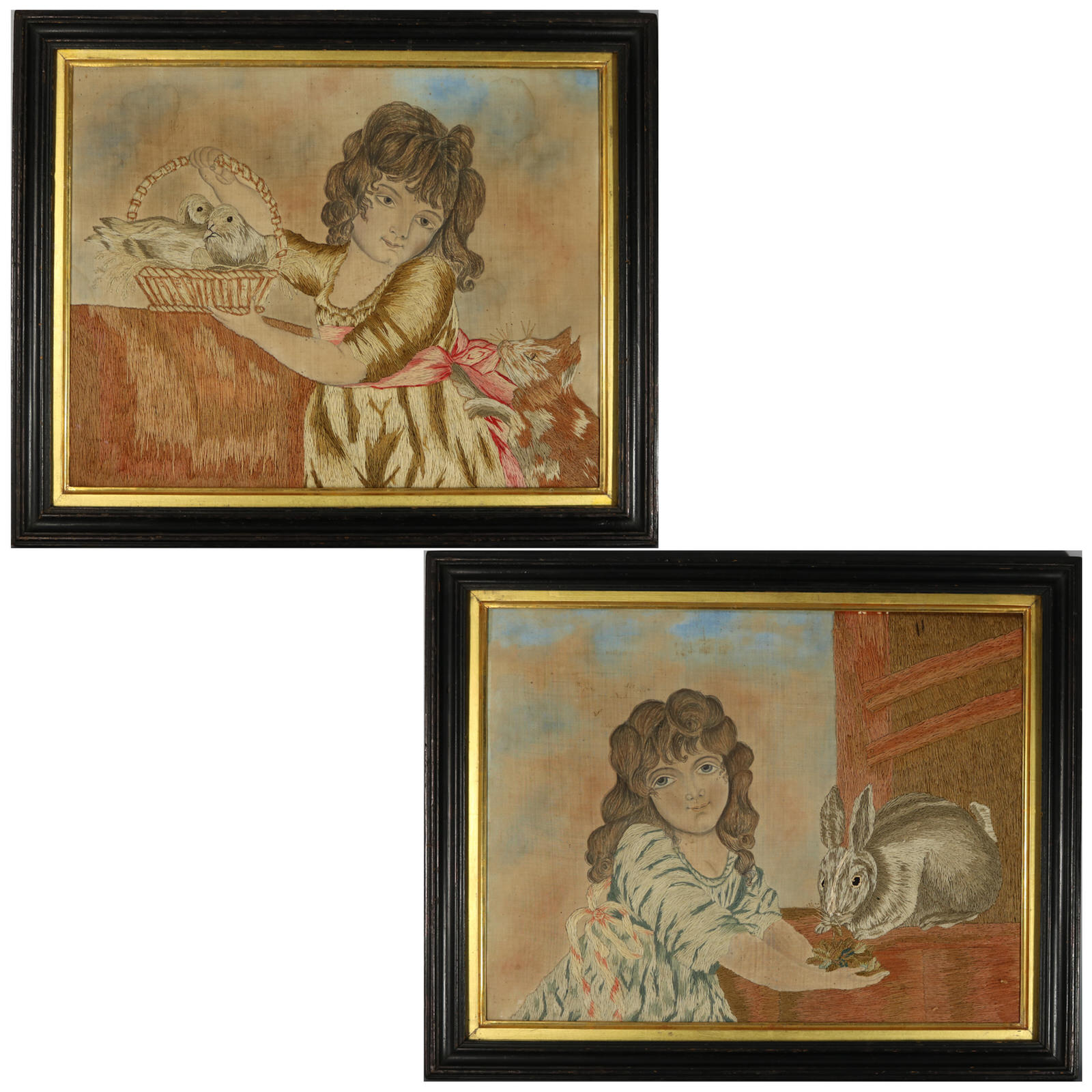 Pair Georgian Woolwork Embroidered Pictures of Girls with Pets - ID#23263 Image 1