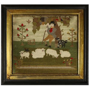 Victorian Petit Point Embroidery of a Shepherd with Sheep