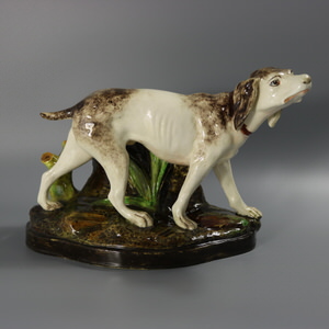 Jerome Massier Fils Majolica Hunting Dog Vase