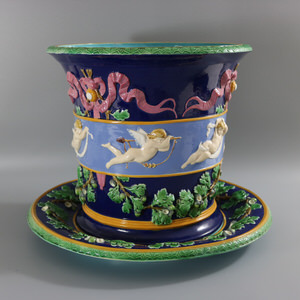 Large Minton Majolica Cupids Jardiniere And Stand