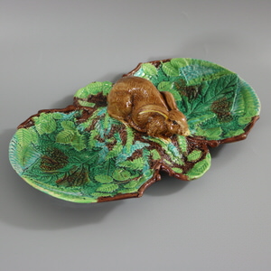 Rare George Jones Majolica Rabbit Nut Dish