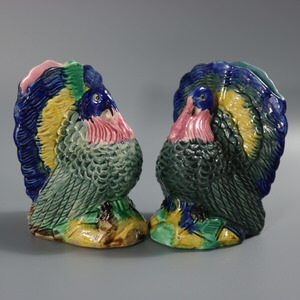 Pair Majolica Turkey Figural Vases