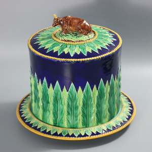 George Jones Cobalt Blue Majolica Cow Cheese Keeper