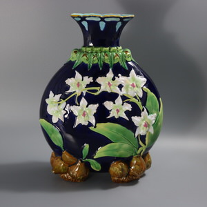 Rare George Jones Majolica Orchids Moonflask Vase